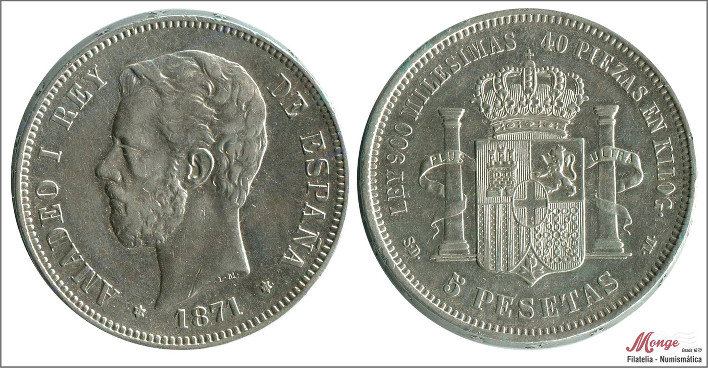 España - 1871 - Amadeo I - Nº 00113 - EBC- / XF- - 5 pesetas 1871 (*18*71) SDM / 25 gr. plata