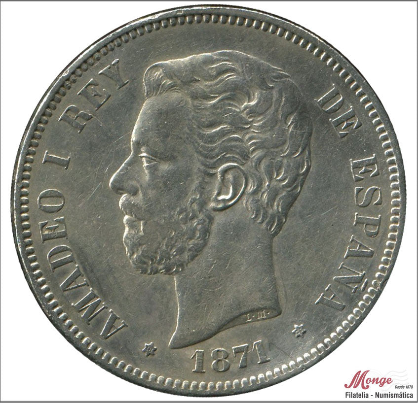 España - 1871 - Amadeo I - Nº 00113 - MBC+ / VF+ - 5 pesetas 1871 (*18*71) SDM / 24,95 gr. plata