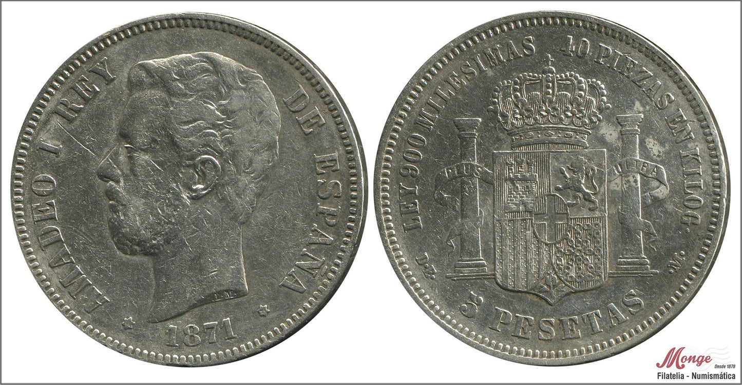 España - 1871 - Amadeo I - Nº 00113 - MBC / VF - 5 pesetas 1871 (*18*71) SDM / 25 gr. plata / OCASION