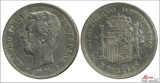 España - 1871 - Amadeo I - Nº 00113 - MBC / VF - 5 pesetas 1871 (*18*71) SDM / 25 gr. plata / OCASION