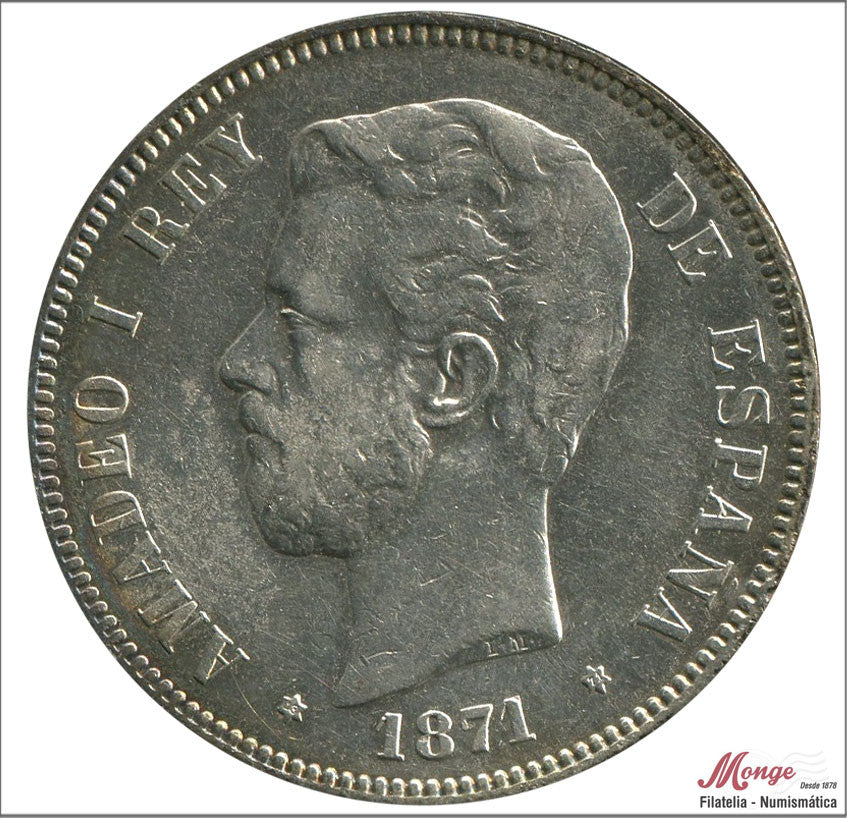 España - 1871 - Amadeo I - Nº 00113 - MBC+ / VF+ - 5 pesetas 1871 (*18*71) SDM / 25 gr. plata / Patina