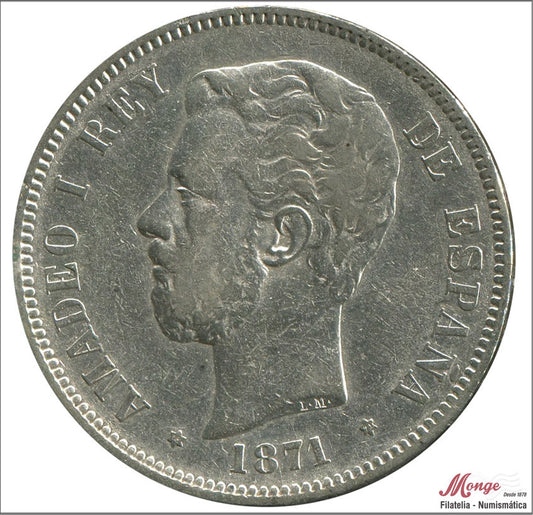 España - 1871 - Amadeo I - Nº 00113 - MBC - / VF- - 5 pesetas 1871 (*18*71) SDM / 25 gr. plata