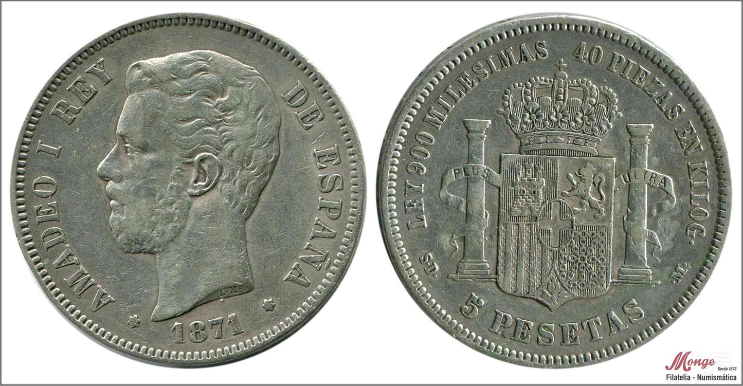 España - 1871 - Amadeo I - Nº 00113c - MBC / VF - 5 pesetas 1871 (*1*18) SDM Ag / es estrella 71-18