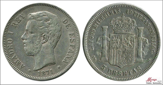 España - 1871 - Amadeo I - Nº 00113c - MBC / VF - 5 pesetas 1871 (*1*18) SDM Ag / es estrella 71-18