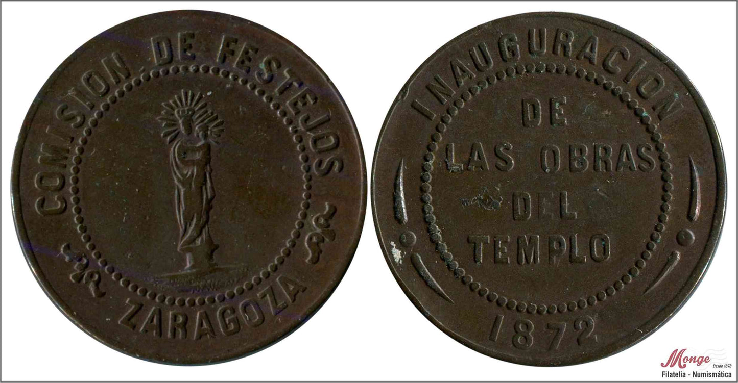 España - 1872 - Medalla - RC / VG - Zaragoza Obras Templo del Pilar 1872 - Cobre