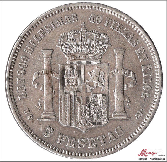 España - 1873 - Amadeo I - Nº 00114 - MBC / VF - 5 pesetas 1871 (*18*73) DEM - 25 gr. plata