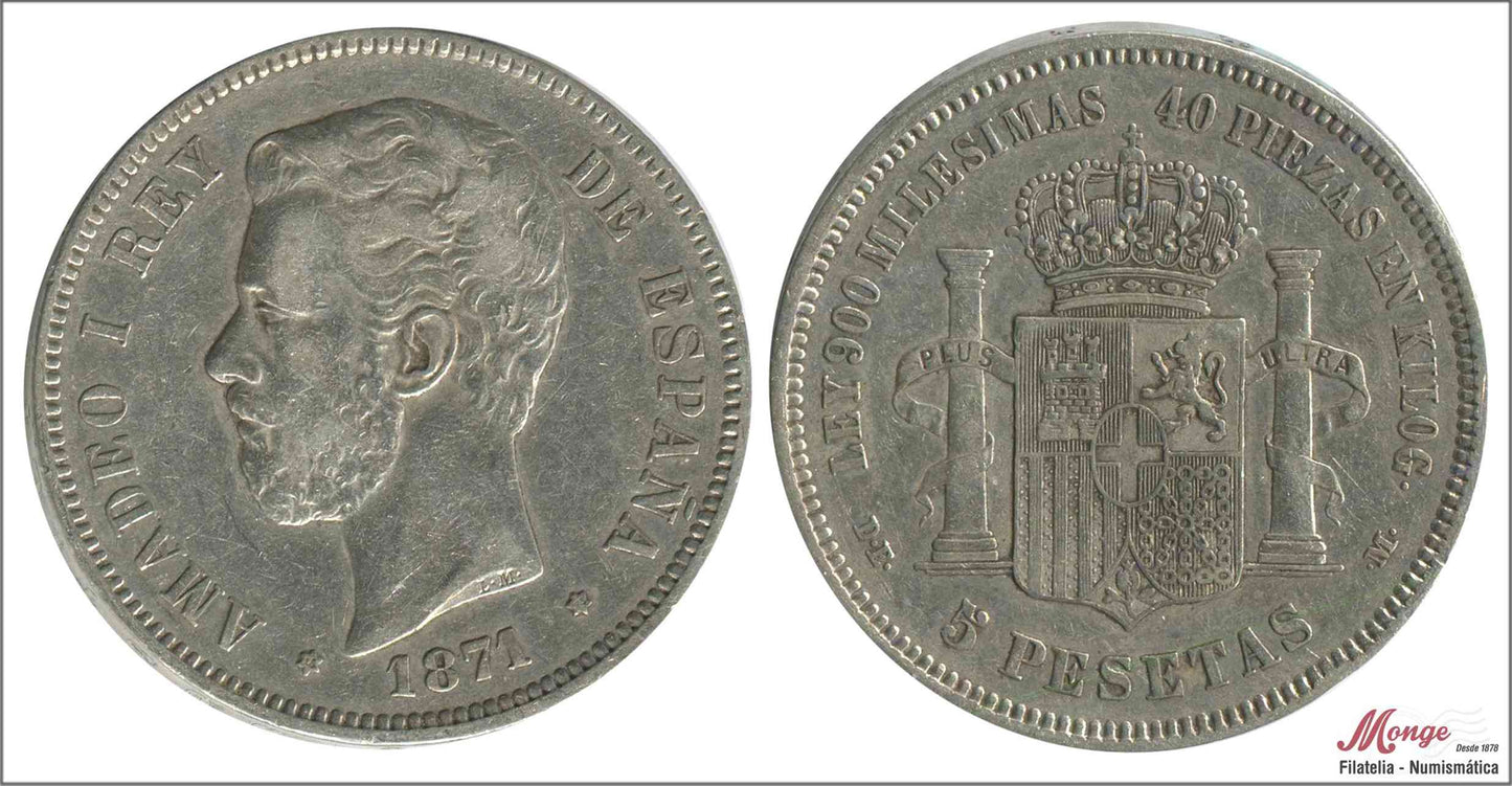 España - 1873 - Amadeo I - Nº 00114 - MBC+ / VF+ - 5 pesetas 1871 (*18*73) DEM Ag