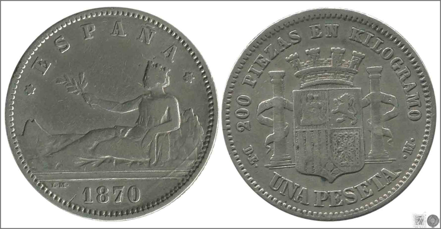 España - 1873 - Gobierno Provisional - Nº 00059 - Muy Buena conservación menos - MBC - / VF- - 1 peseta 1870 (*18*73) DEM Ag