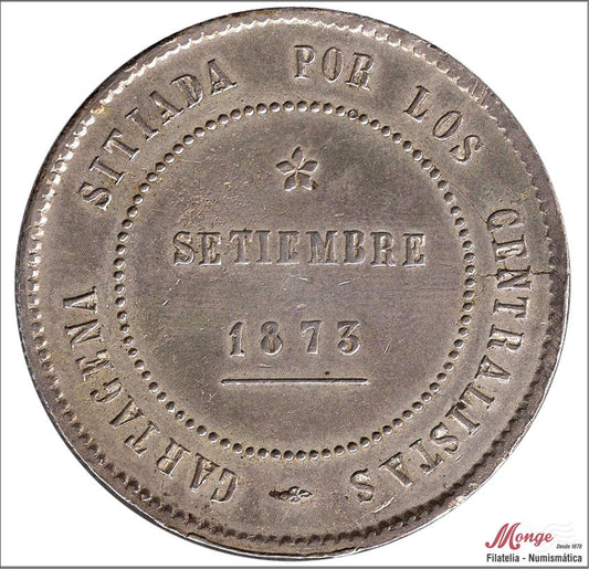 España - 1873 - Revol. Cantonal - Nº 00111 - MBC+ / VF+ - 5 pesetas 1873 Cartagena / Coincidente / 27,80 gr. plata