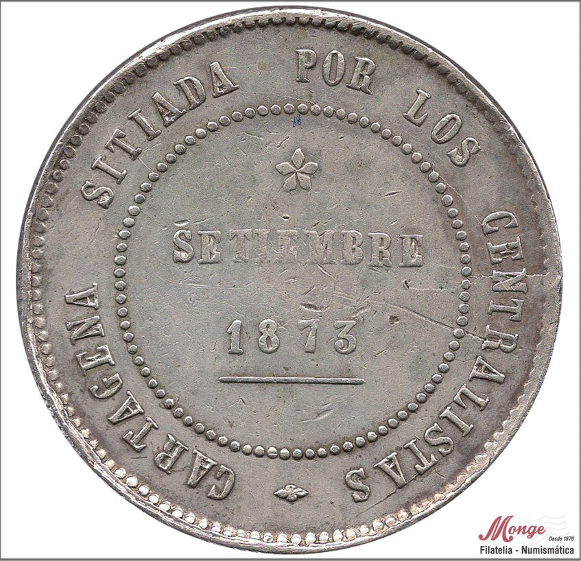 España - 1873 - Revol. Cantonal - Nº 00111 - MBC - / VF- - 5 pesetas 1873 Cartagena / Coincidente - 28,60 gr. plata