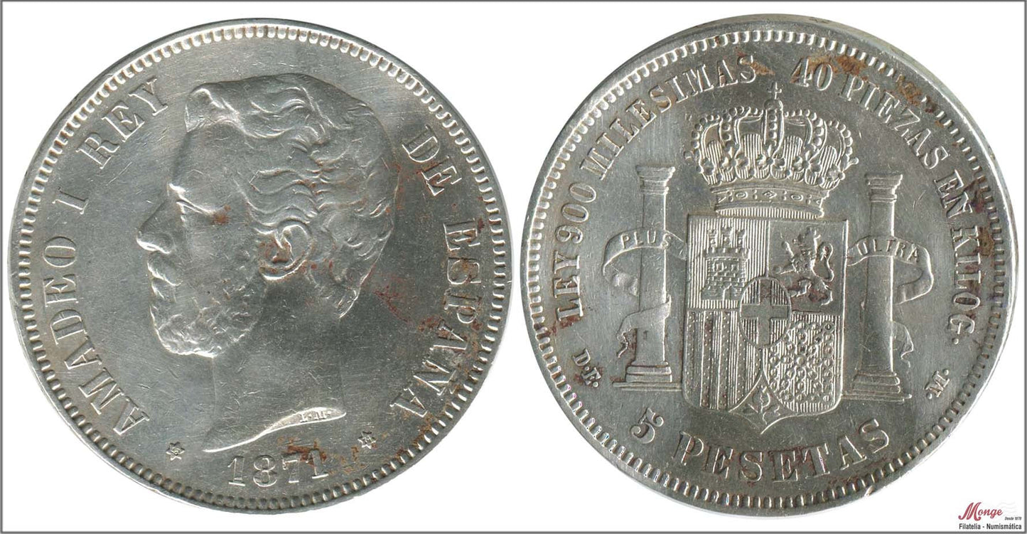 España - 1874 - Amadeo I - Nº 00115 - EBC- / XF- - 5 pesetas 1871 (*18*74) DEM / 25 gr. plata / Oxidaciones