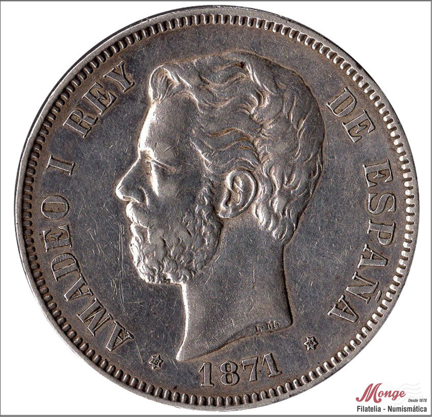 España - 1874 - Amadeo I - Nº 00115 - MBC+ / EBC- - 5 pesetas 1871 (*18*74) DEM Ag.