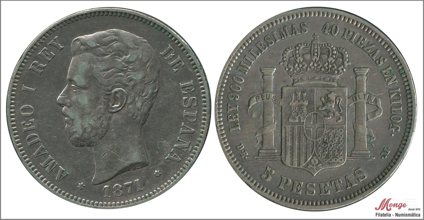 España - 1874 - Amadeo I - Nº 00115 - MBC - / VF- - 5 pesetas 1871 (*18*74) DEM / 25 gr. plata - foto generica