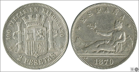 España - 1874 - Gobierno Provisional - Nº 00089 - MBC+ / VF+ - 2 pesetas 1870 (*18*74) DEM Ag