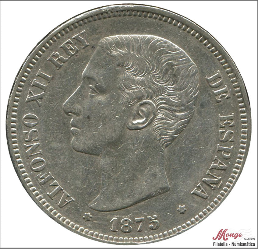 España - 1875 - Alfonso XII - Nº 00126 - MBC+ / VF+ - 5 pesetas 1875 (*18*75) DEM / 25 gr. plata / pequeño golpe en canto