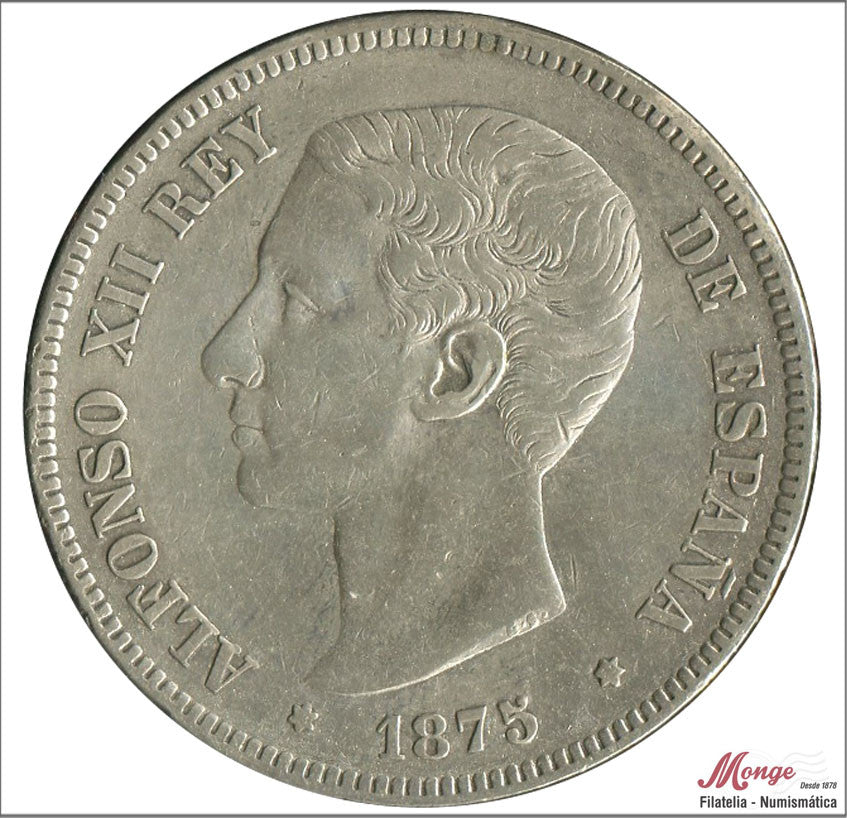 España - 1875 - Alfonso XII - Nº 00126 - MBC - / VF- - 5 pesetas 1875 (*75) DEM Ag.