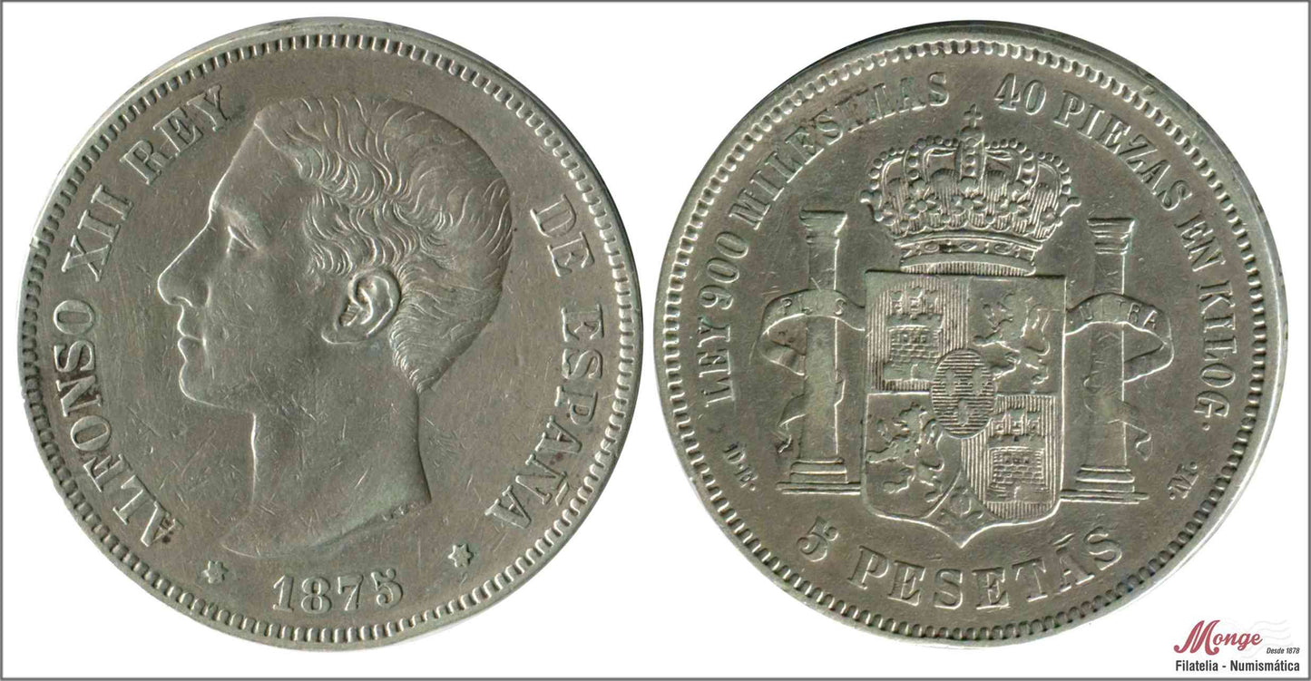 España - 1875 - Alfonso XII - Nº 00126a - MBC / VF - 5 pesetas 1875 (*18*75) DEM Ag. / Variante oreja Rayada