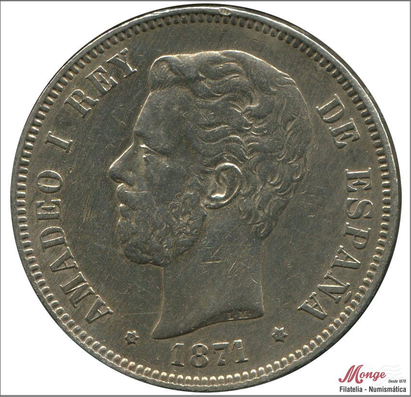 España - 1875 - Amadeo I - Nº 00116 - MBC+ / VF+ - 5 pesetas 1871 (*18*75) DEM - 25 gr. plata - patina