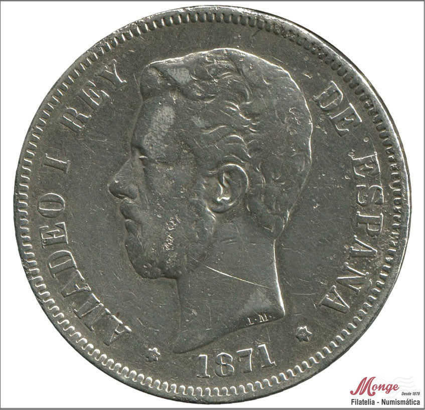 España - 1875 - Amadeo I - Nº 00116 - MBC - / VF- - 5 pesetas 1871 (*18*75) DEM Ag. / 25 gr. plata