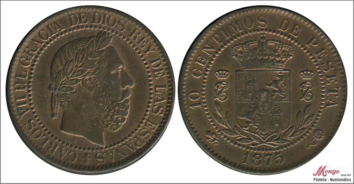 España - 1875 - Carlos VII - Nº 00023 - EBC / EBC- - 10 centimos 1875 Belgica CU