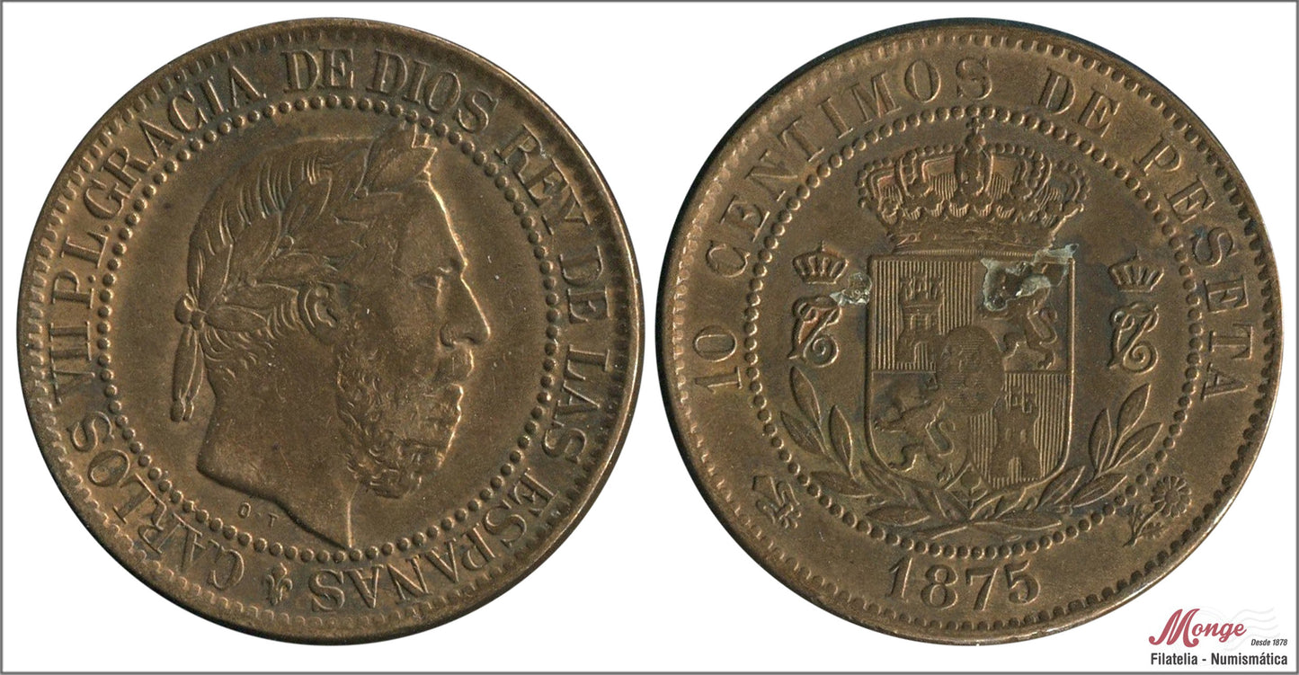 España - 1875 - Carlos VII - Nº 00023 - MBC / VF - 10 centimos 1875 Belgica CU