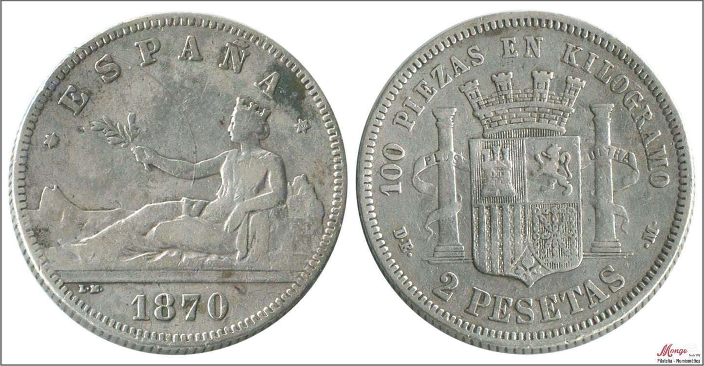 España - 1875 - Gobierno Provisional - Nº 00090a - MBC - / VF- - 2 pesetas 1870 (*--*18) DEM Ag falla 1ª Estrella