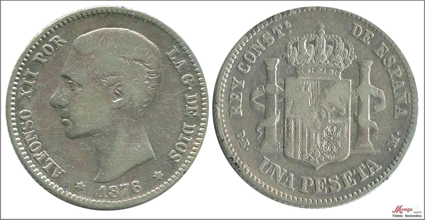 España - 1876 - Alfonso XII - Nº 00060 - BC- / F- - 1 peseta 1876 (*18*76) DEM plata