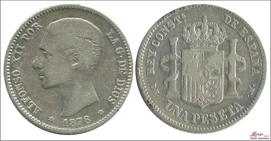 España - 1876 - Alfonso XII - Nº 00060 - BC- / F- - 1 peseta 1876 (*18*76) DEM plata