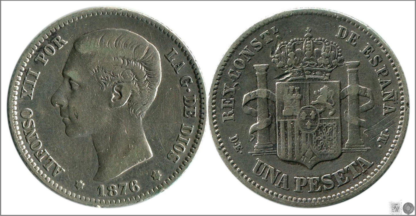 España - 1876 - Alfonso XII - Nº 00060 - Muy Buena conservación menos - MBC - / VF- - 1 peseta 1876 (*18*76) DEM