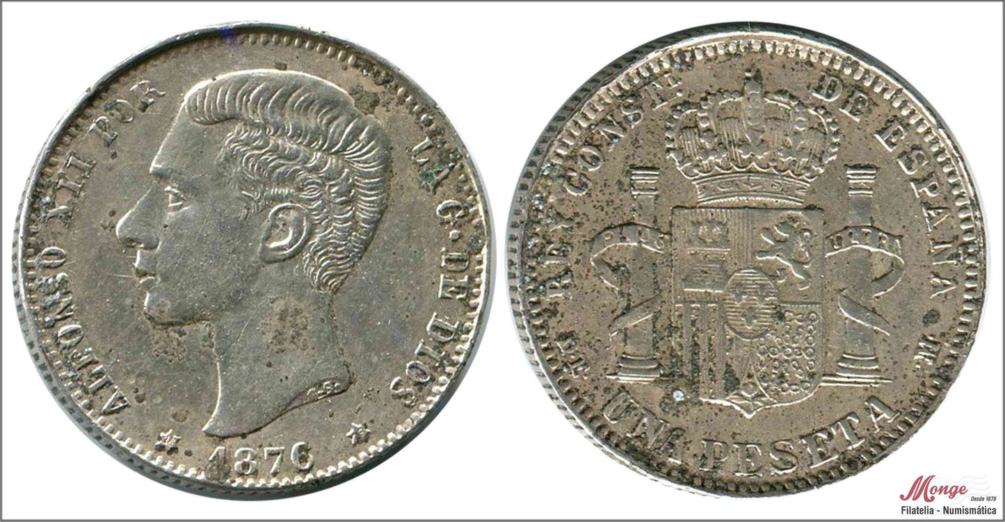 España - 1876 - Alfonso XII - Nº 00060F - EBC+ / XF+ - 1 peseta 1876 (*18*76) DEM / Falsa época, oxidaciones - Vicenti 50Fa