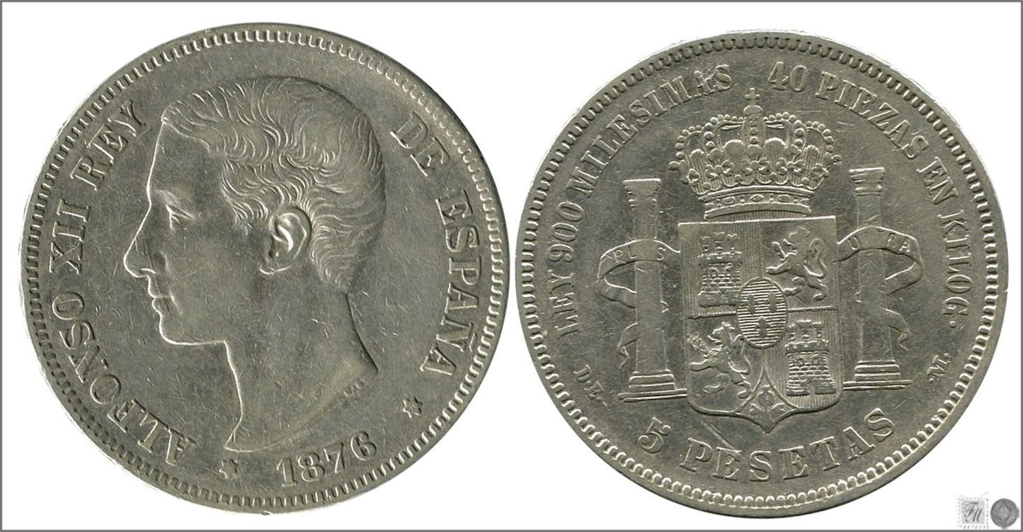 España - 1876 - Alfonso XII - Nº 00127 - BC / F - 5 pesetas 1876 (*76) DEM - 25 gr. plata - foto generica