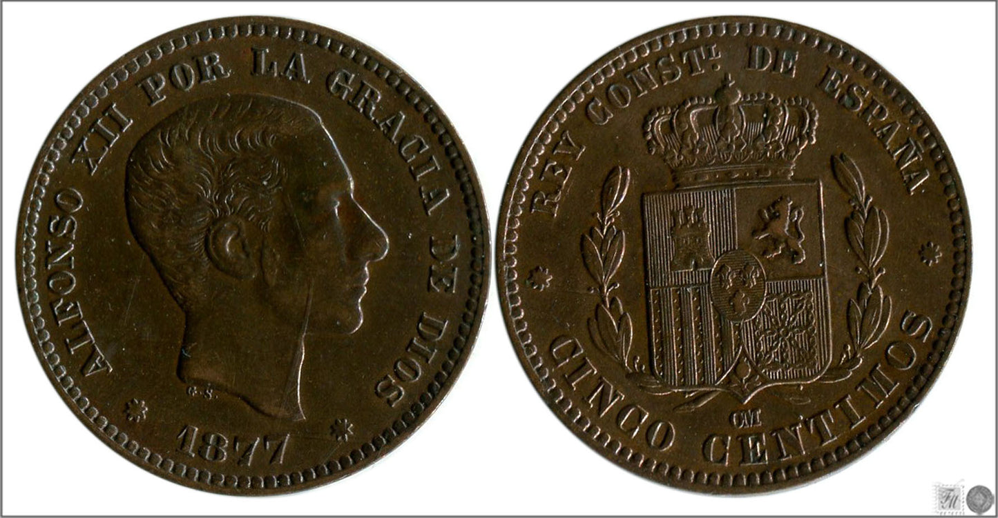 España - 1877 - Alfonso XII - Nº 00017 - EBC / XF - 5 centimos 1877 OM Cu