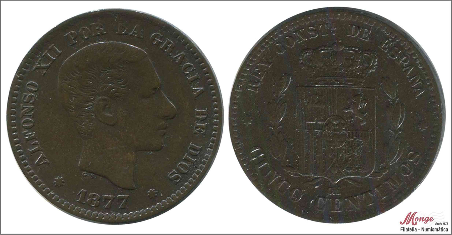 España - 1877 - Alfonso XII - Nº 00017 - MBC+ / EBC- - 5 centimos 1877 OM Cu