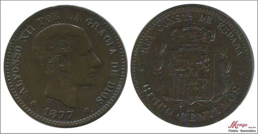 España - 1877 - Alfonso XII - Nº 00017 - MBC+ / EBC- - 5 centimos 1877 OM Cu