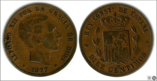 España - 1877 - Alfonso XII - Nº 00024 - BC- / F- - 10 centimos 1877 OM Cu