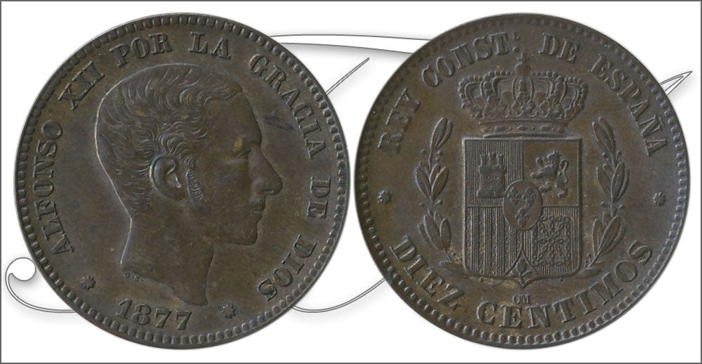 España - 1877 - Alfonso XII - Nº 00024 - Cara y Cruz - EBC / EBC- - 10 centimos 1877 OM Cu