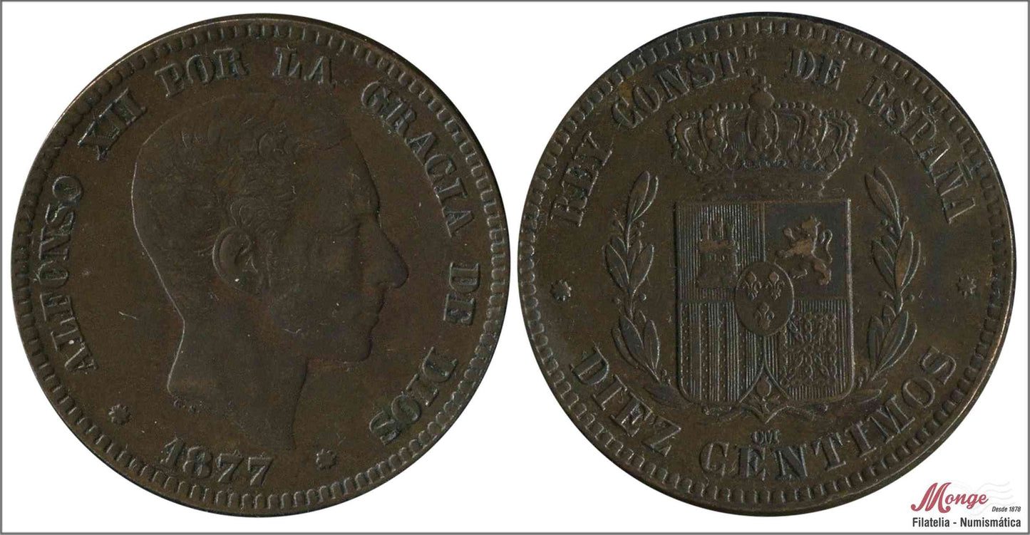 España - 1877 - Alfonso XII - Nº 00024 - EBC- / XF- - 10 centimos 1877 OM Cu