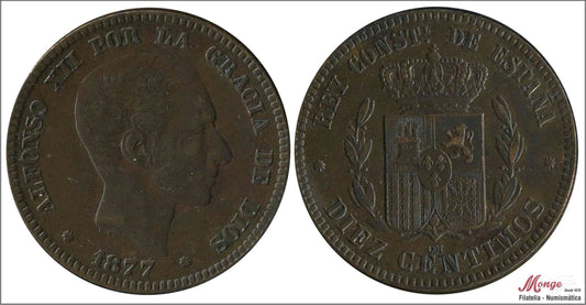 España - 1877 - Alfonso XII - Nº 00024 - EBC- / XF- - 10 centimos 1877 OM Cu