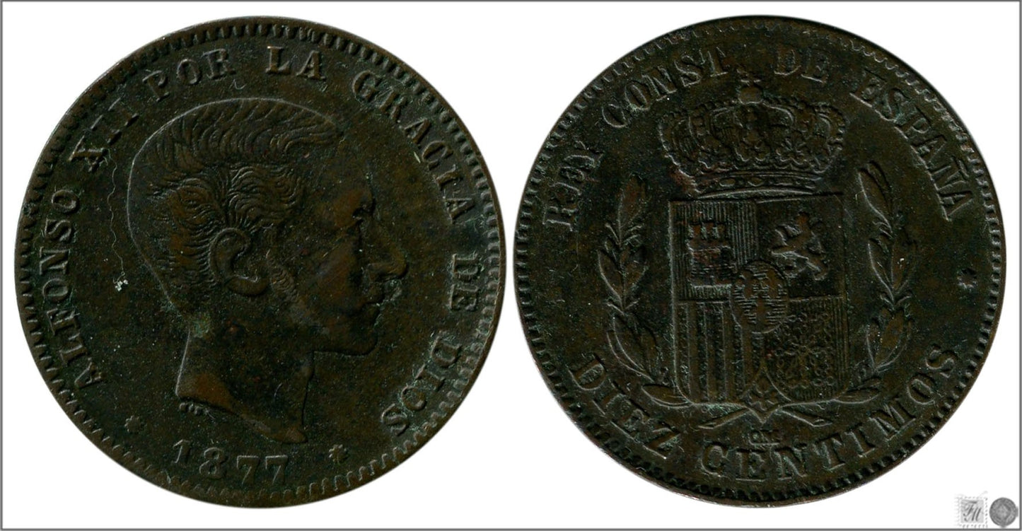 España - 1877 - Alfonso XII - Nº 00024 - Excelente conservacion menos - EBC- / XF- - 10 centimos 1877 OM Cu