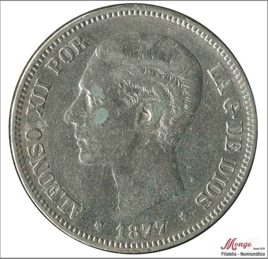 España - 1877 - Alfonso XII - Nº 00128 - BC / F - 5 pesetas 1877 DEM - 25 gr. plata foto generica