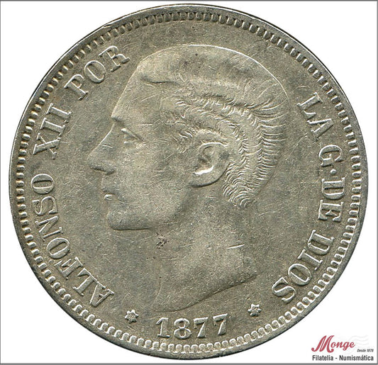 España - 1877 - Alfonso XII - Nº 00128 - MBC / VF - 5 pesetas 1877 (*18*77) DEM - 24,85 gr. plata