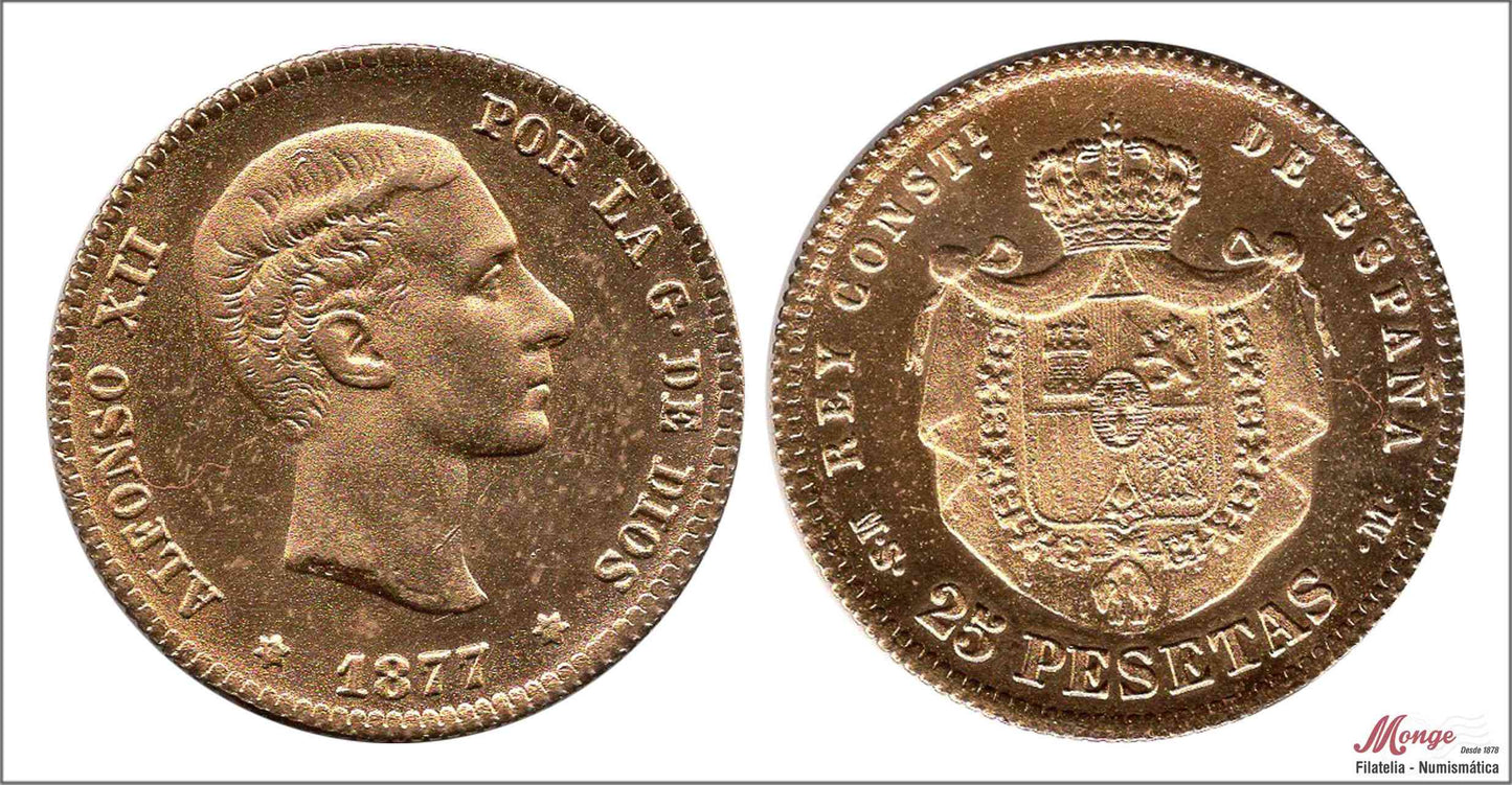 España - 1877 - Alfonso XII - Nº 00173F - S/C-/aUNC - 25 pesetas 1877 DEM - Imitación - 4,60 gr. metal dorado