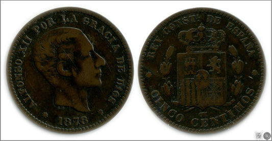 España - 1878 - Alfonso XII - Nº 00018 - Buena conservación mas - BC+ / F+ - 5 centimos 1878 OM Cu