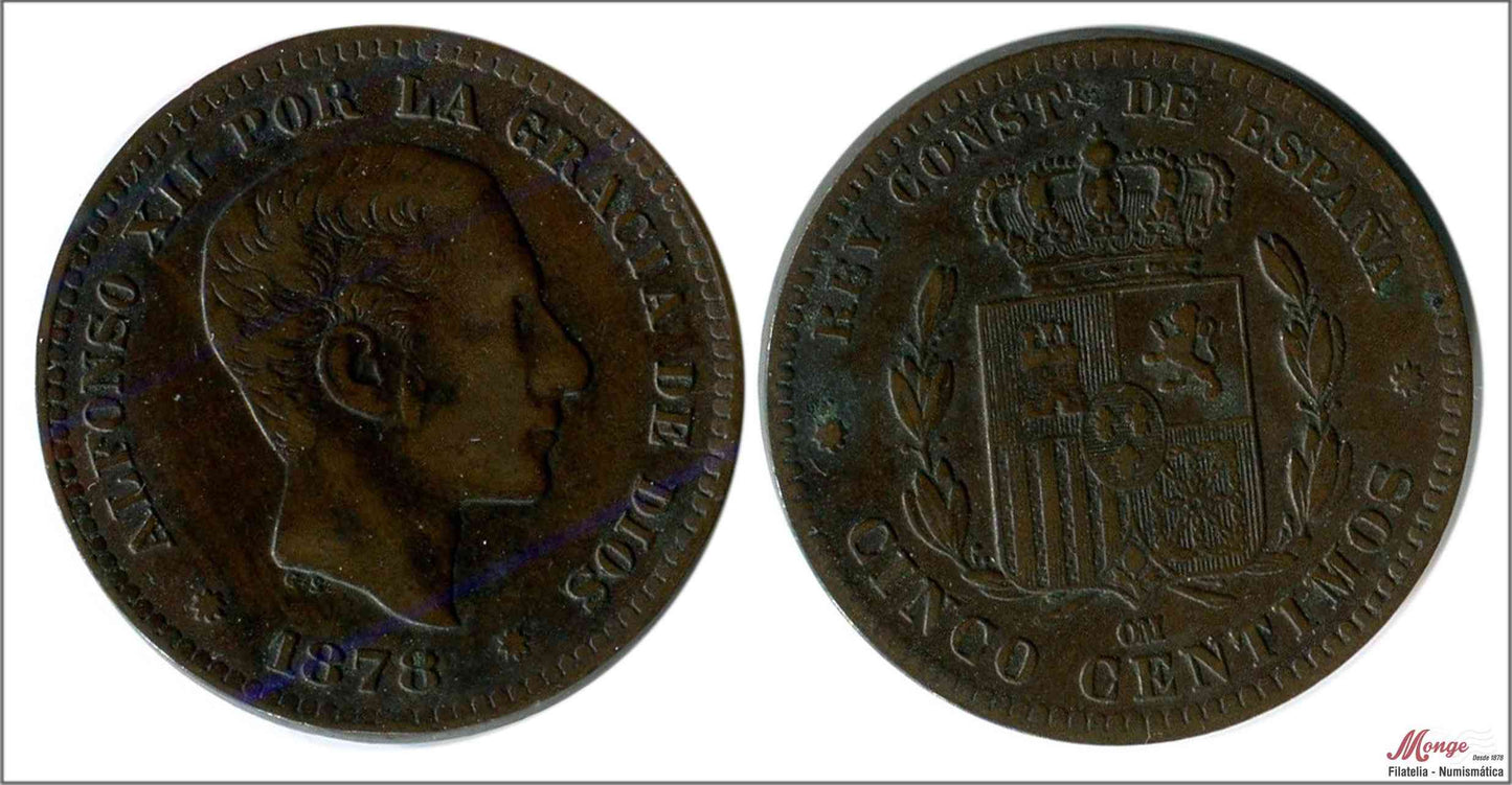 España - 1878 - Alfonso XII - Nº 00018 - MBC+ / VF+ - 5 centimos 1878 OM Cu