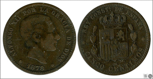 España - 1878 - Alfonso XII - Nº 00018 - Muy Buena conservación menos - MBC - / VF- - 5 centimos 1878 OM Cu