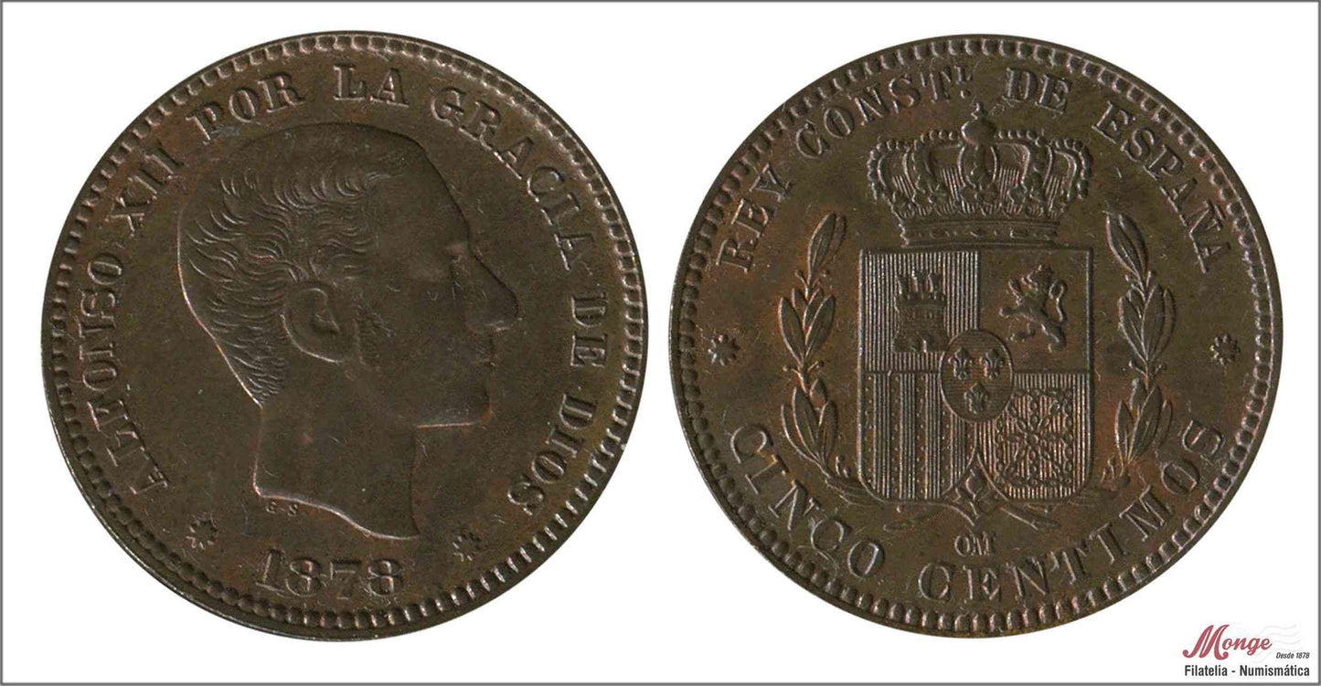 España - 1878 - Alfonso XII - Nº 00018 - S/C / UNC - 5 centimos 1878 OM Cu