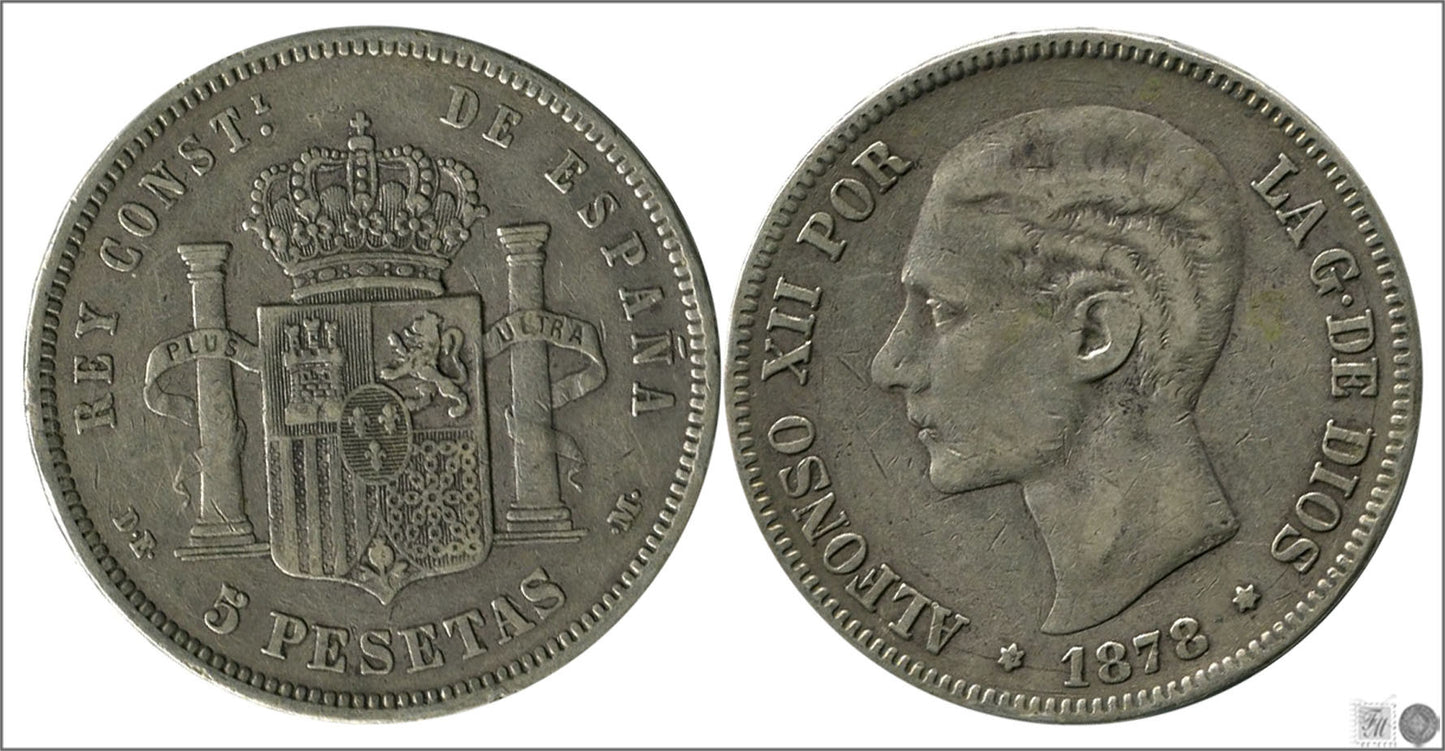 España - 1878 - Alfonso XII - Nº 00129 - BC- / F- - 5 pesetas 1878 DEM - 25 gr. plata - foto generica