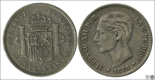 España - 1878 - Alfonso XII - Nº 00129 - BC- / F- - 5 pesetas 1878 DEM - 25 gr. plata - foto generica