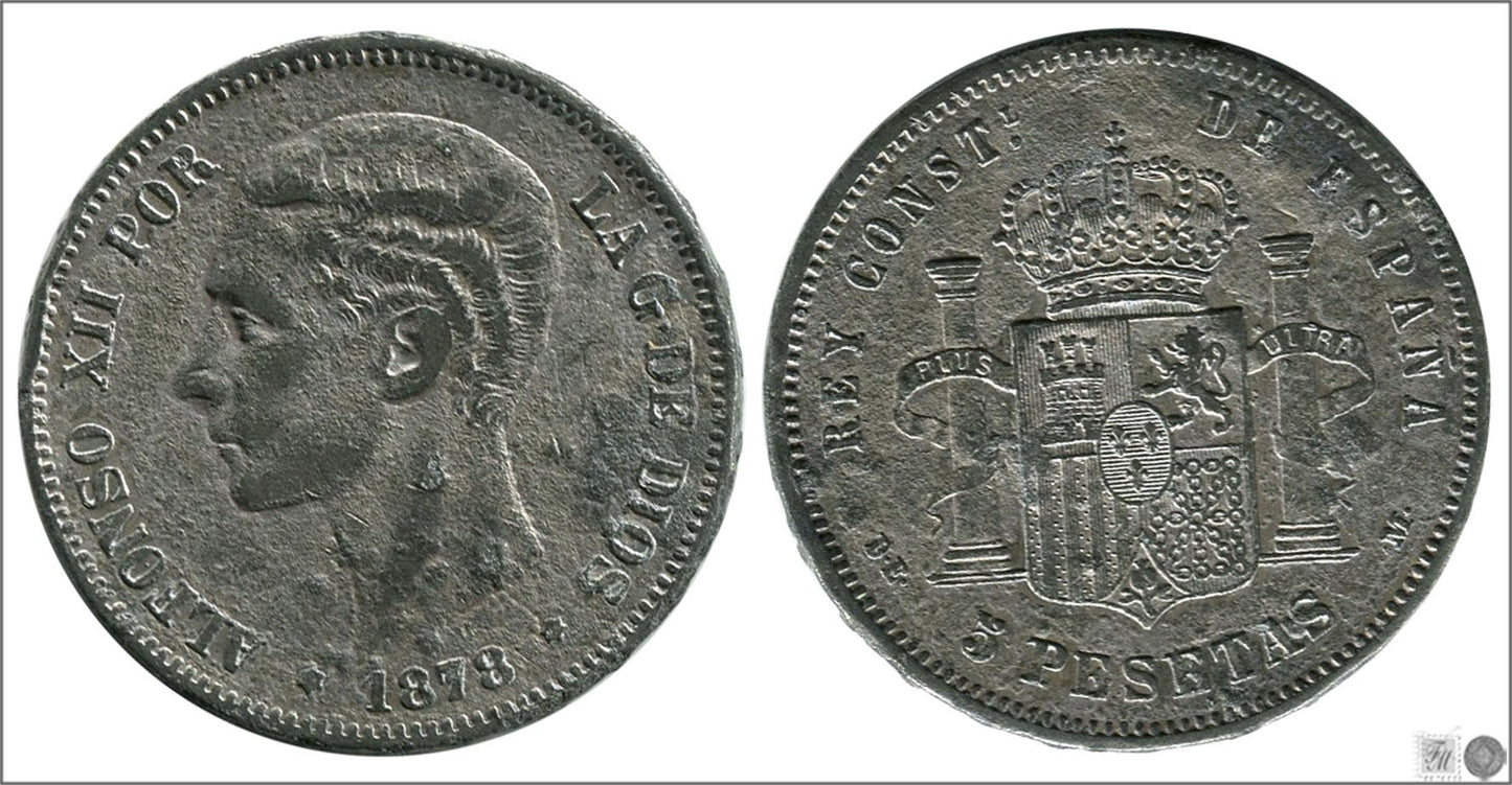 España - 1878 - Alfonso XII - Nº 00129 - Buena conservación - BC / F - 5 pesetas 1878 DEM Falsa época (calamina)