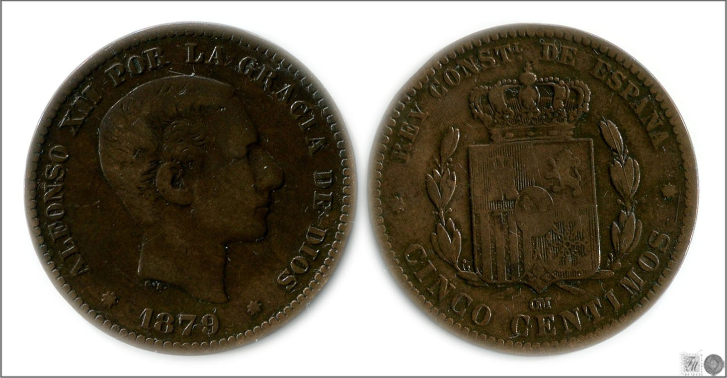 España - 1879 - Alfonso XII - Nº 00019 - BC / F - 5 centimos 1879 OM Cu